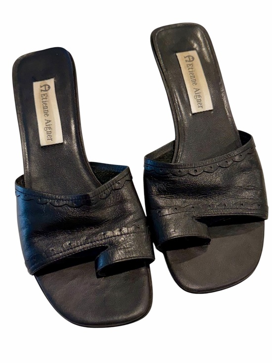 Etienne Aigner Shoes - Etienne Aigner E-Xenia Black Leather Kitten Heel Toe Loop Sandal - Size: 6.5
